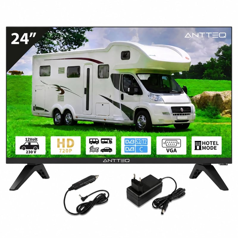Antteq AE24H5C-Q1 24 colos (60 cm) HD LED TV 12V és 230V adapter, Triple Tuner DVB-C/T2/S2, Dolby Audio, HDMI, USB, SCART, CI+, lakóautóhoz,