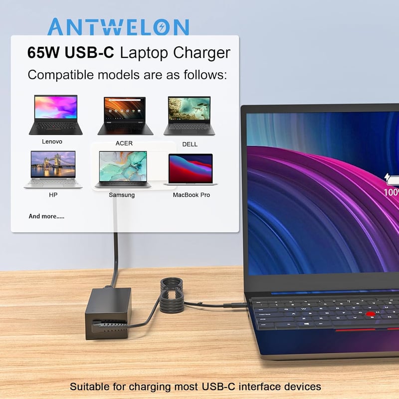ANTWELON 65W USB-C laptop töltő 20V 3.25A Lenovo ThinkPad Dell XPS HP Asus Acer