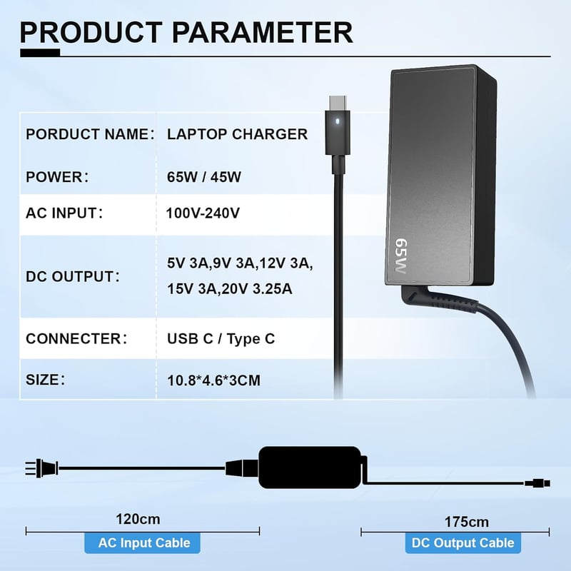 ANTWELON 65W USB-C laptop töltő 20V 3.25A Lenovo ThinkPad Dell XPS HP Asus Acer