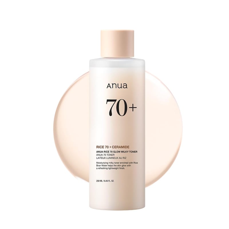 Anua Rice 70 Glow Milky Toner – Hydratačné pleťové tonikum s ryžovou vodou, niacínamidom a ceramidmi, kórejská starostlivosť o pleť, pre všetky typy pleti, bez parfumácie, 250 ml