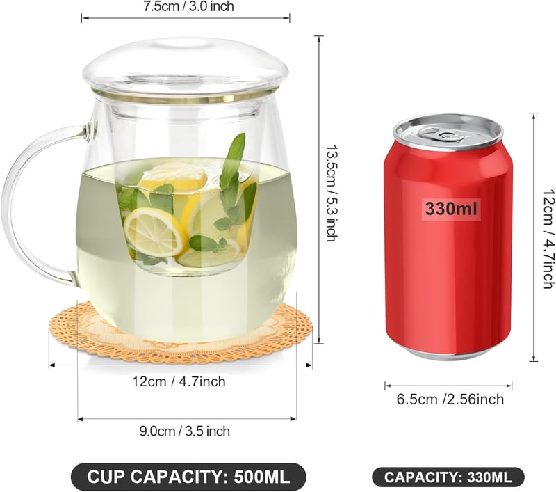 ANWONE Borozilikát Teáscsésze 500ml 2db Szűrővel és Fedővel