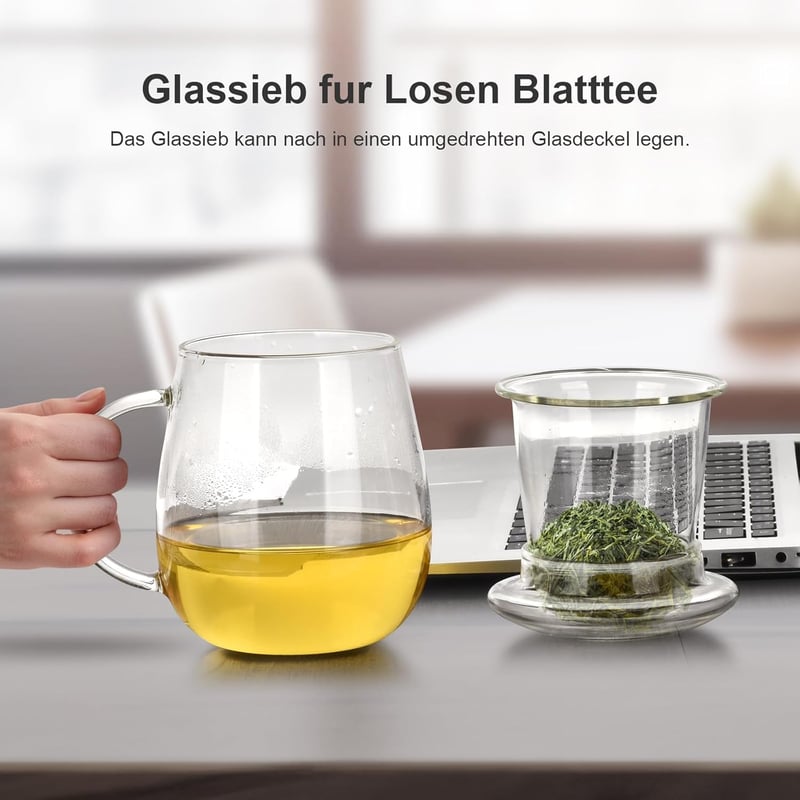 ANWONE Borozilikát Teáscsésze 500ml 2db Szűrővel és Fedővel