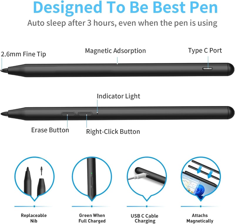 ANYQOO Stylus Pen Microsoft Surface MPP 2.0 4096 nyomásszint mágneses USB-C - Black USB charging, Surface Slim Pen
