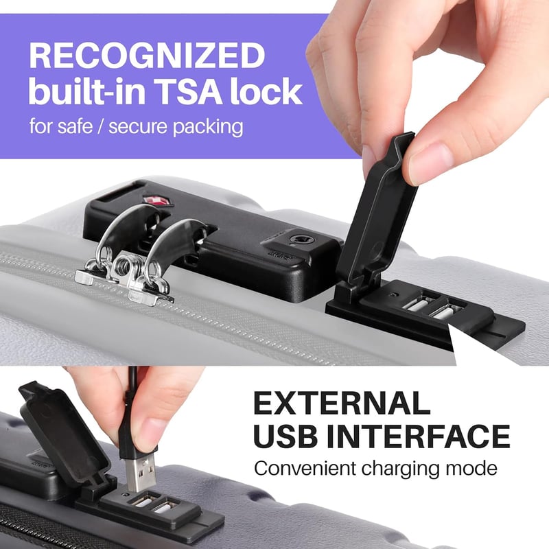 AnyZip AZ101 sötétkék M kézipoggyász keményhéjú gurulós bőrönd 4 kerékkel TSA zárral USB töltővel 101 cm