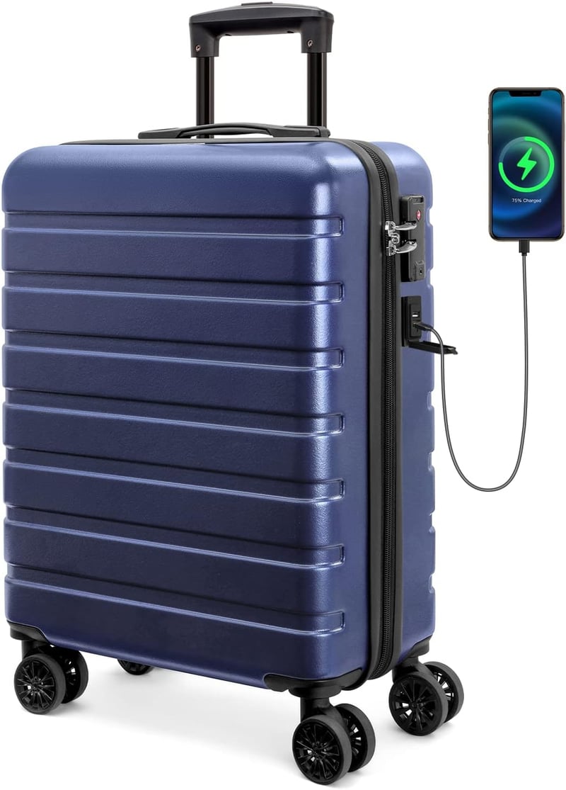 AnyZip AZ101 sötétkék M kézipoggyász keményhéjú gurulós bőrönd 4 kerékkel TSA zárral USB töltővel 101 cm