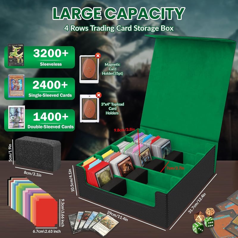 AOBOPLE Kártyatartó Doboz 3200+ Kártyához, Mágneses Fedéllel, 24 Osztóval, Fekete-Zöld - 3200+ Black Green