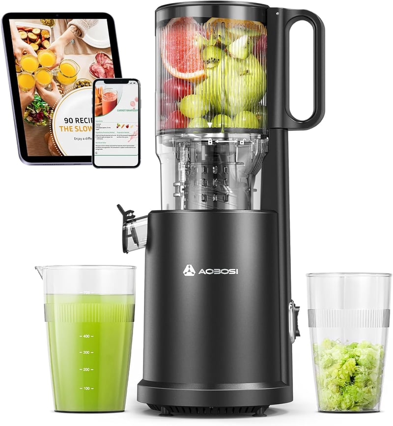 AOBOSI Slow Juicer 126 mm XXL Adagolónyílással - 200W Csendes Gyümölcsprés Visszaforgató Funkcióval és Hármas Szűrővel - Hidegpréselő Gyümöl