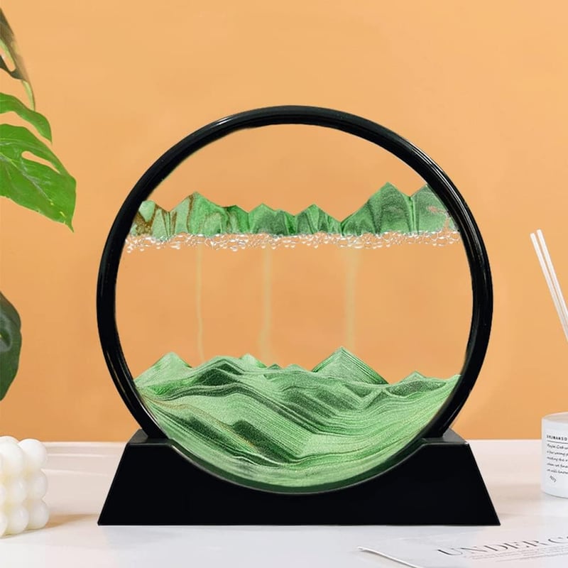 Aoderun 3D Homokóra Kép 28 cm - Forgó Homokművészet, Kerek Üveg Íróasztal Dekoráció, Mozgó Homokfestmény Felnőtteknek, Iroda Dísz, Zöld