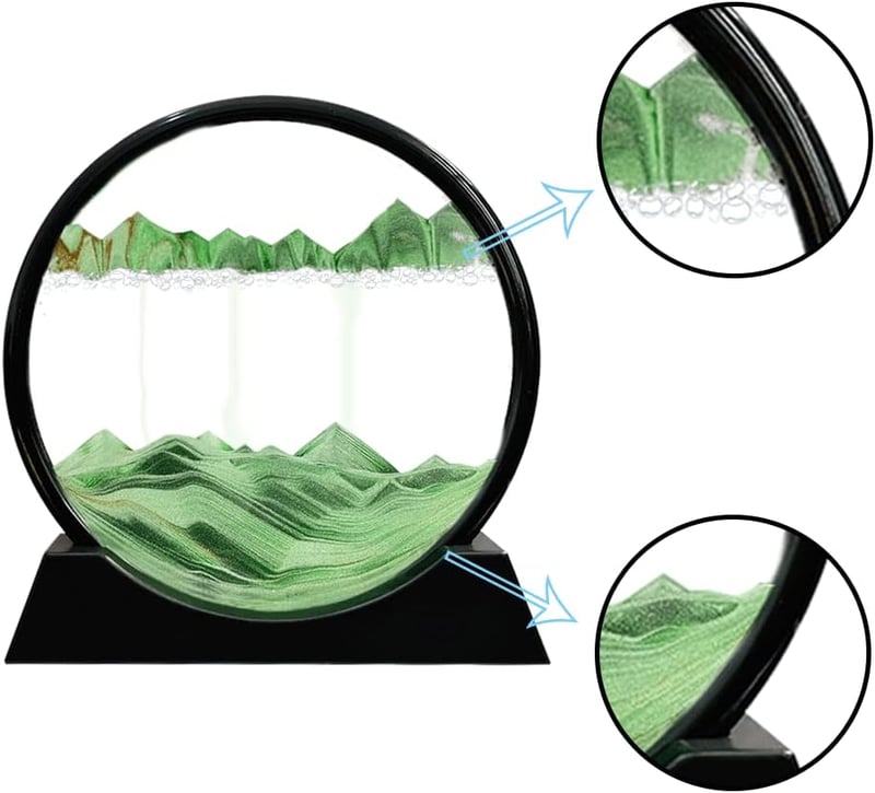 Aoderun 3D Homokóra Kép 28 cm - Forgó Homokművészet, Kerek Üveg Íróasztal Dekoráció, Mozgó Homokfestmény Felnőtteknek, Iroda Dísz, Zöld