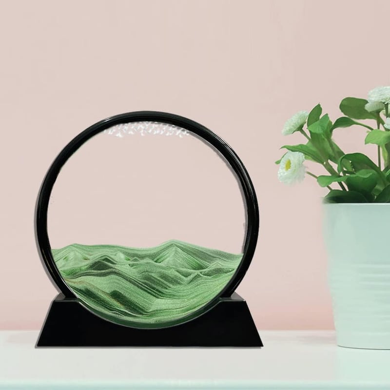 Aoderun 3D Homokóra Kép 28 cm - Forgó Homokművészet, Kerek Üveg Íróasztal Dekoráció, Mozgó Homokfestmény Felnőtteknek, Iroda Dísz, Zöld