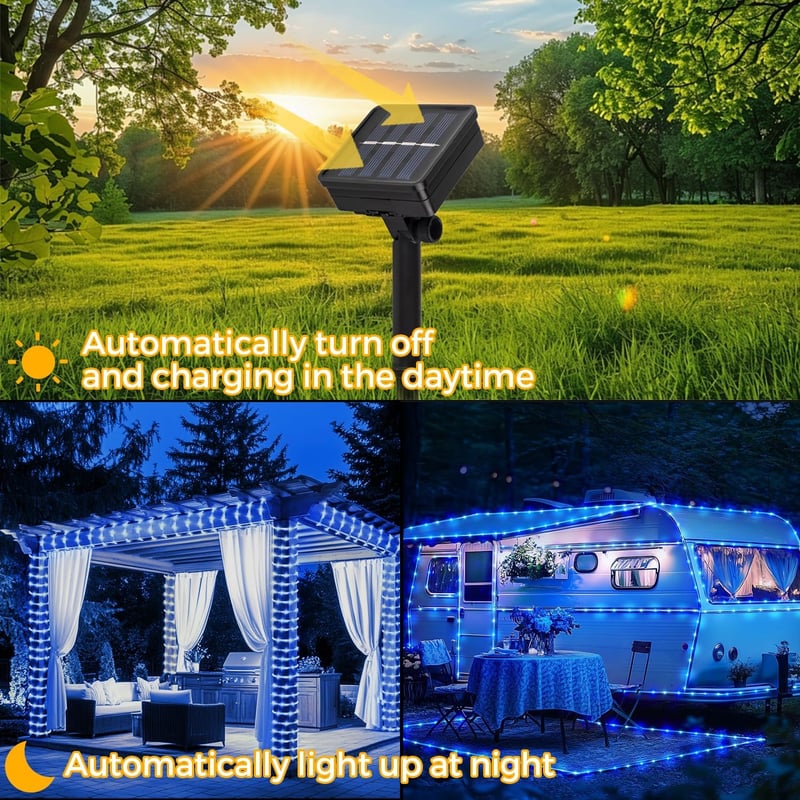 Aofonchy 10m Napelemes Fényfüzér 100 LED Kültéri Vízálló Dekorációs Lámpa 8 Móddal