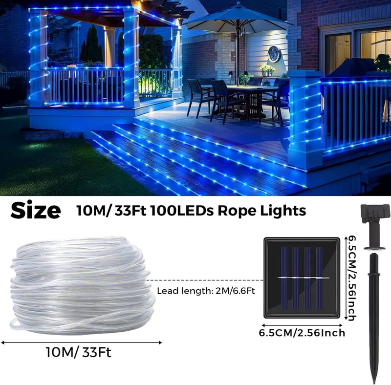 Aofonchy 10m Napelemes Fényfüzér 100 LED Kültéri Vízálló Dekorációs Lámpa 8 Móddal