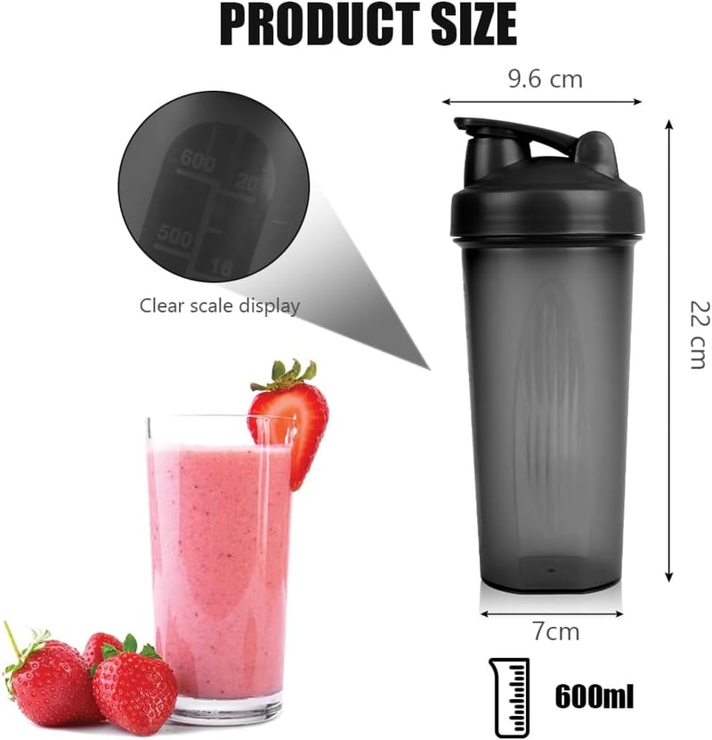 AOGOE Protein Shaker 600ml Fekete-Fehér, BPA-mentes Fehérje Turmixgömbbel, Mérőskálás Edzőtermi Shaker Pohár