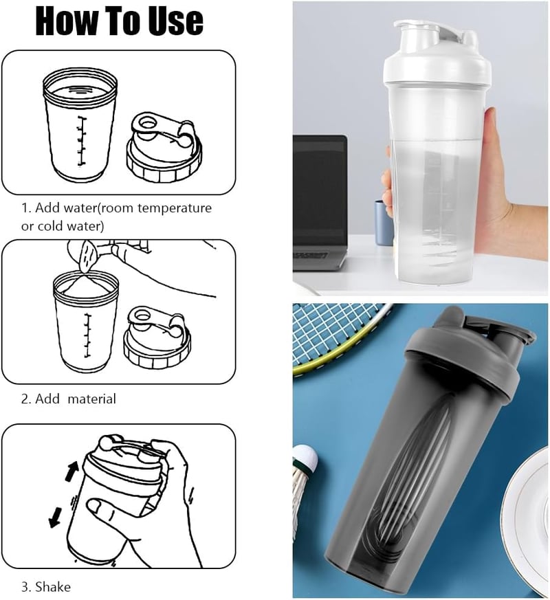 AOGOE Protein Shaker 600ml Fekete-Fehér, BPA-mentes Fehérje Turmixgömbbel, Mérőskálás Edzőtermi Shaker Pohár