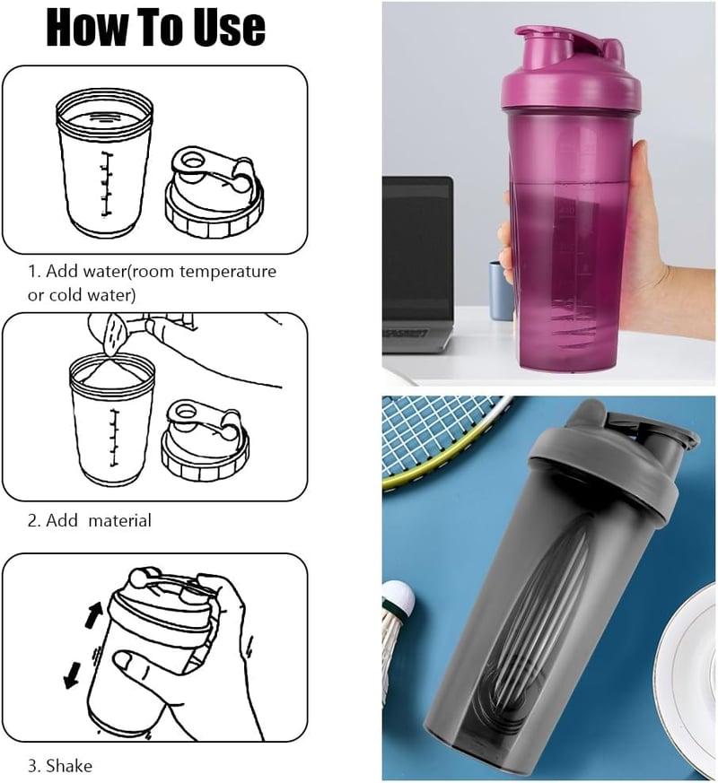 AOGOE Protein Shaker 600ml Mérőskálával és Keverőgolyóval, BPA-Mentes Fehérje Turmix Palack Fekete-Lila Színben