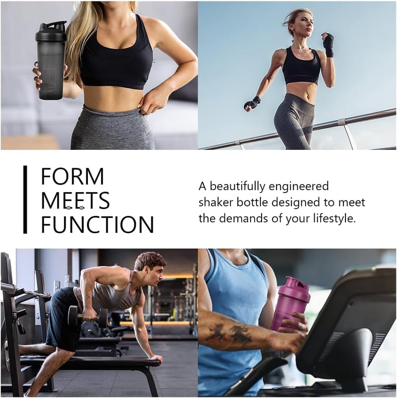 AOGOE Protein Shaker 600ml Mérőskálával és Keverőgolyóval, BPA-Mentes Fehérje Turmix Palack Fekete-Lila Színben