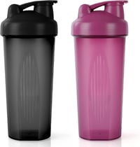 AOGOE Protein Shaker 600ml Mérőskálával és Keverőgolyóval, BPA-Mentes Fehérje Turmix Palack Fekete-Lila Színben 1