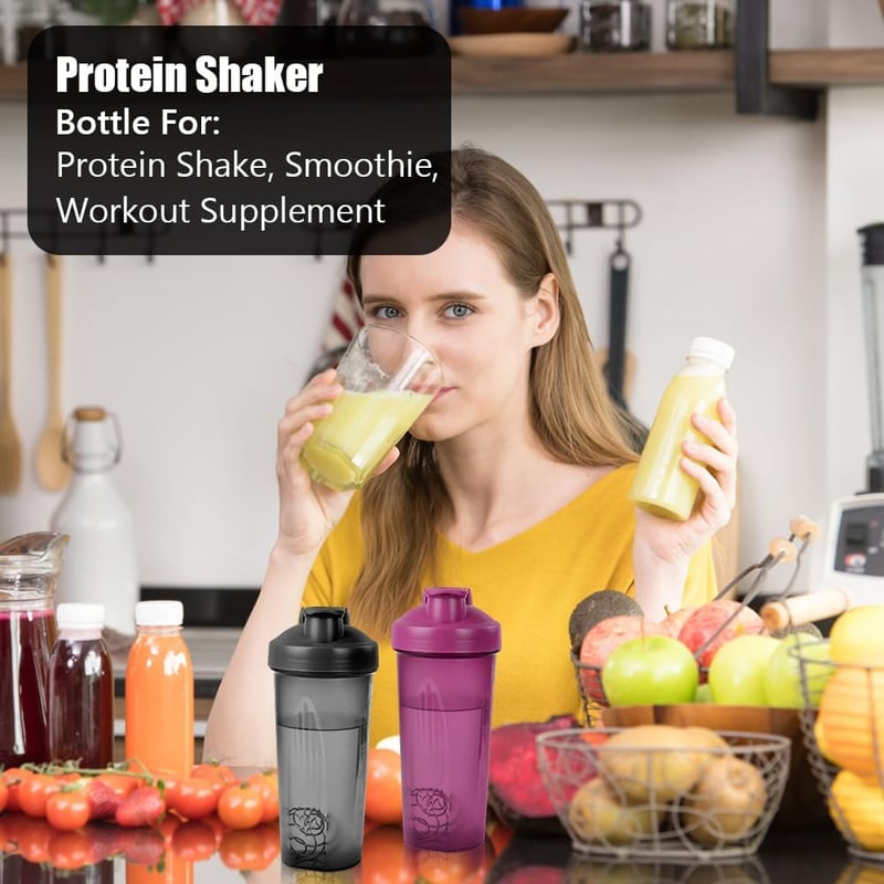AOGOE Protein Shaker 600ml Mérőskálával és Keverőgolyóval, BPA-Mentes Fehérje Turmix Palack Fekete-Lila Színben