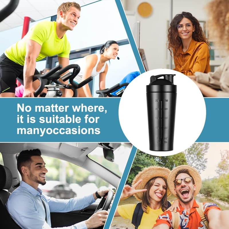 AOGOE Rozsdamentes Acél Protein Shaker 900ml - Sportos Fitnesz Palack Mérlegekkel, Szivárgásmentes BPA Mentes
