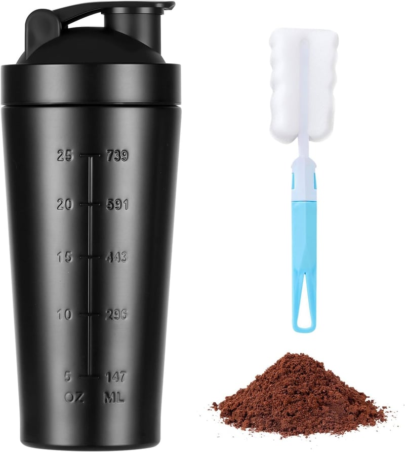 AOGOE Rozsdamentes Acél Protein Shaker 900ml - Sportos Fitnesz Palack Mérlegekkel, Szivárgásmentes BPA Mentes