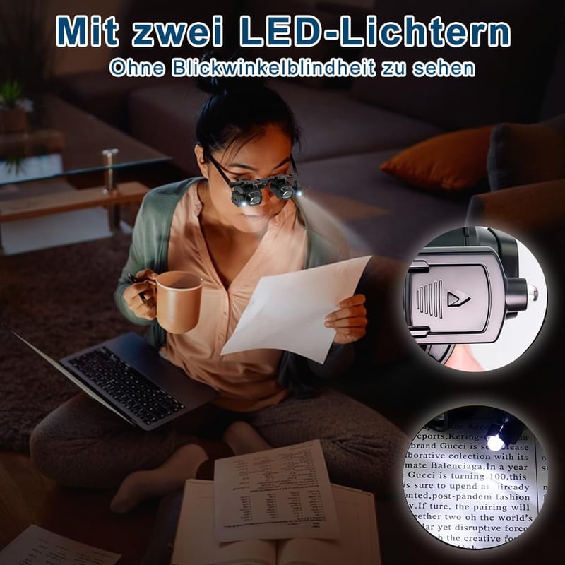 Aohcae fejpántos nagyító LED világítással, 2.0X-24.0X nagyítás, cserélhető lencse