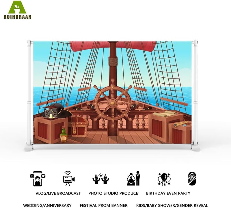 Fundal foto tematică corabie de pirați Aoihrraan 3,5 x 2,5 m pentru petrecerea aniversară a băieților, decor cu barcă cu pânze pe mare albastră pentru copii