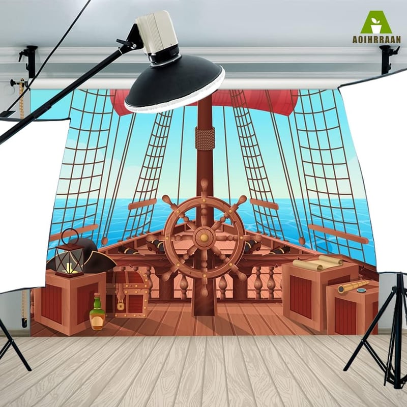 Fundal foto tematică corabie de pirați Aoihrraan 3,5 x 2,5 m pentru petrecerea aniversară a băieților, decor cu barcă cu pânze pe mare albastră pentru copii