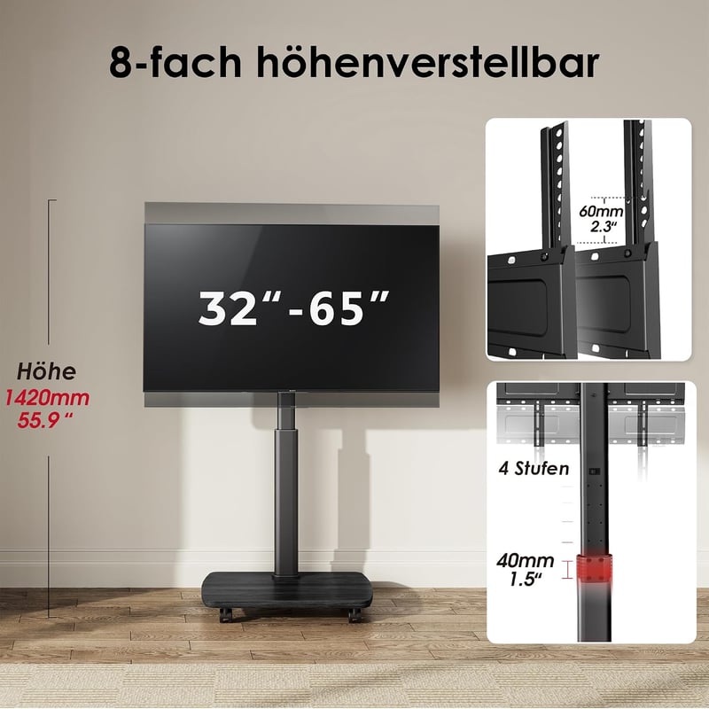AOKCOS Görgős TV Állvány 32-65 Colos Tévéhez, Magasságállítható, Forgatható, 40 kg Terhelhetőség, Fekete