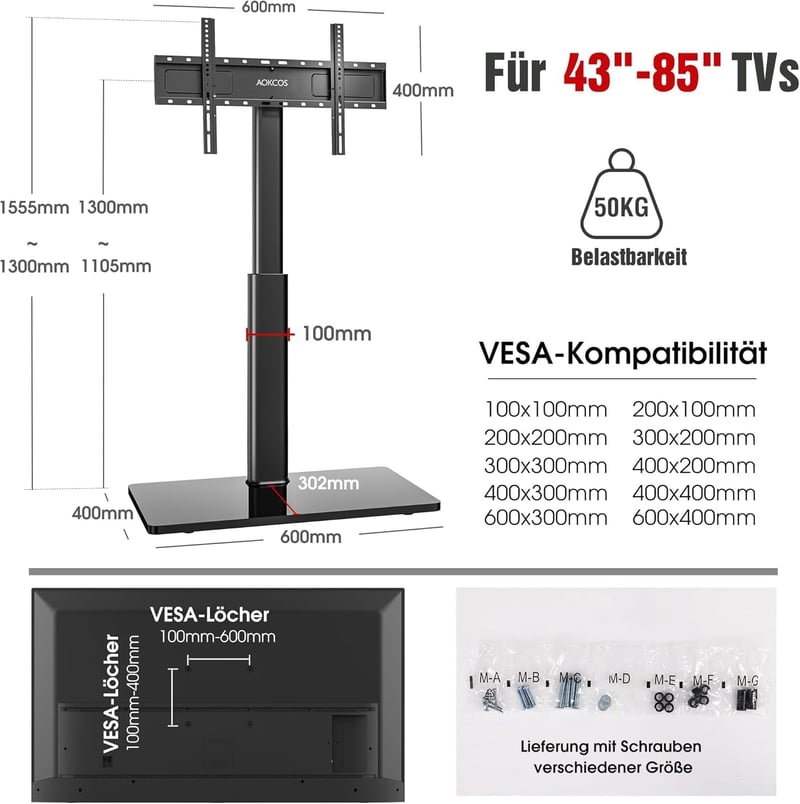 AOKCOS TV állvány 43-75 colos tévéhez, dönthető, forgó, magasságállítható, 1,6 m