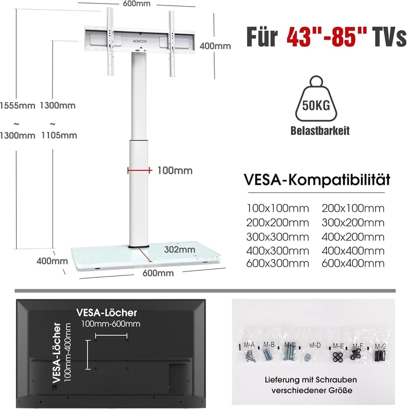 AOKCOS TV állvány 43-75 colos tévéhez, dönthető forgó magasságállítható 160cm fehér