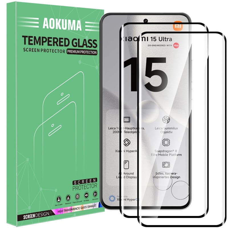 AOKUMA 3D tvrdené sklo na Xiaomi 15 Ultra, 2 ks, tvrdosť 9H, odolné proti poškriabaniu, bezbublinková aplikácia, ochranná fólia odolná proti roztriešteniu