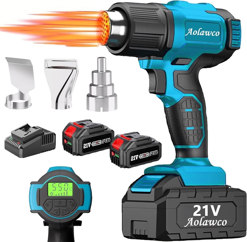 Aolawco Akkumulátoros Hőlégfúvó 2x21V Makita Kompatibilis Akkuval, 3 Fúvókával, 550°C Hegesztéshez Csőhajlításhoz