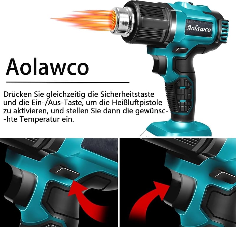 Aolawco Akkumulátoros Hőlégfúvó 2x21V Makita Kompatibilis Akkuval, 3 Fúvókával, 550°C Hegesztéshez Csőhajlításhoz