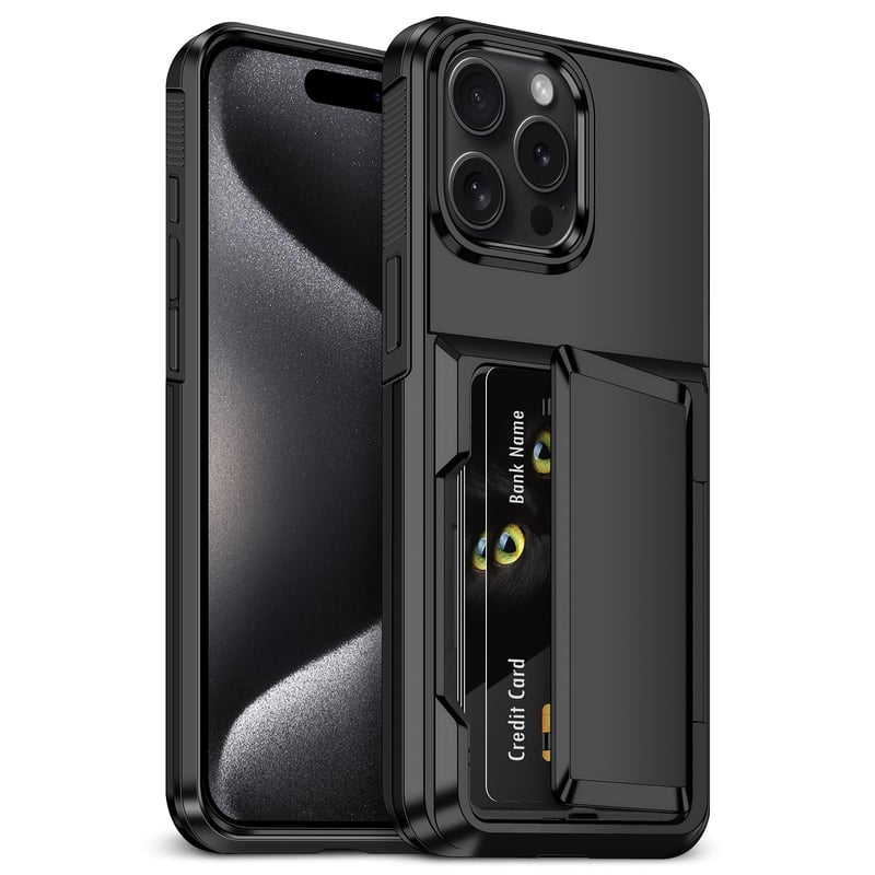 Aolcev iPhone 15 Pro Max kártyatartós tok (max. 4 kártya) kétréteges PC+TPU - fekete
