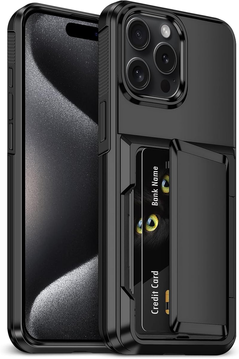 Aolcev iPhone 15 Pro Max kártyatartós tok (max. 4 kártya) kétréteges PC+TPU - fekete