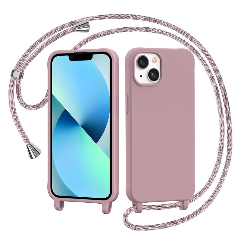 Silikónový kryt na iPhone 13 / iPhone 14 AOMYKE s popruhom na krk a retiazkou, ružový