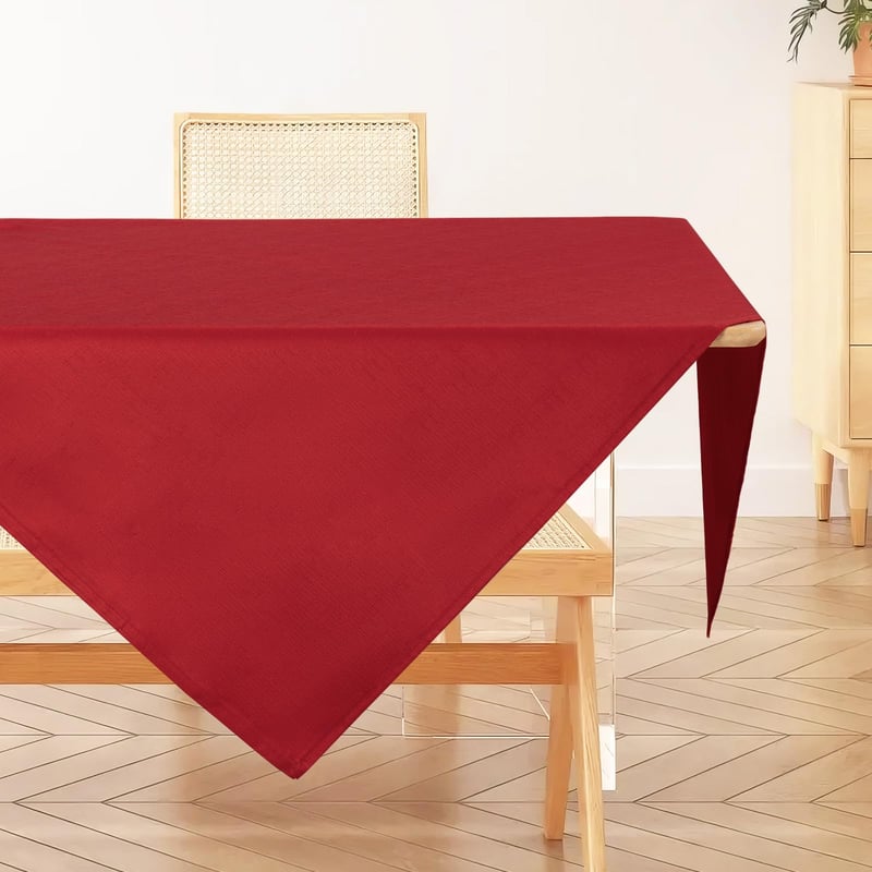 Umývateľný obrus AooHome, červený, 120x120 cm, vzhľad ľanu, vodoodpudivý polyester s lotosovým efektom, odolný proti poškriabaniu, do obývačky a jedálne