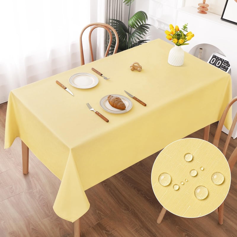 Umývateľný obrus AooHome, žltý, 140x200 cm, polyester s efektom ľanu, vodoodpudivý s lotosovým efektom, odolný proti poškriabaniu, do obývačky, jedálne