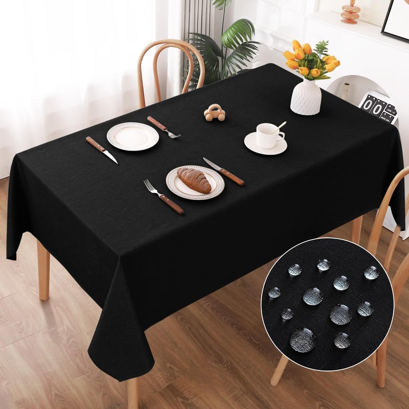 Umývateľný vodoodpudivý obrus AooHome s lotosovým efektom, čierny so vzhľadom ľanu, 140 x 220 cm, obrus odolný proti poškriabaniu do obývačky, jedálne, na balkón a do záhrady