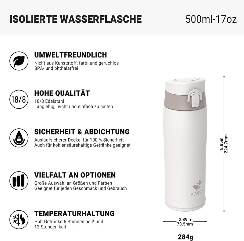 AORIN 500ml rozsdamentes acél termosz, vákuum szigetelt, szorítható, sport és utazáshoz - 500 ml, Beige