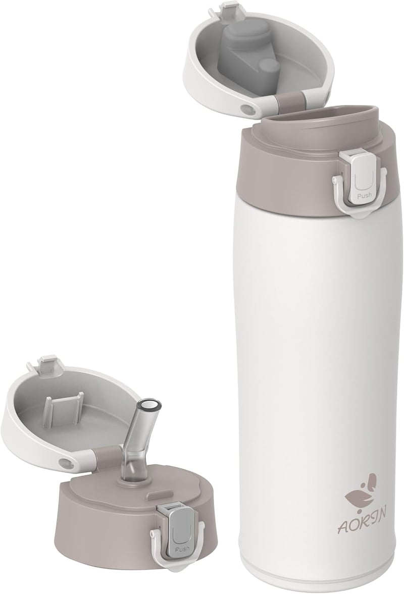 AORIN 500ml rozsdamentes acél termosz, vákuum szigetelt, szorítható, sport és utazáshoz - 500 ml, Beige
