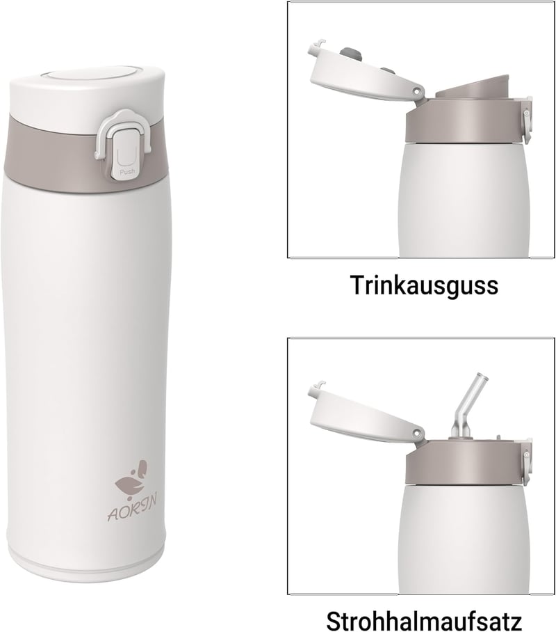 AORIN 500ml rozsdamentes acél termosz, vákuum szigetelt, szorítható, sport és utazáshoz - 500 ml, Beige