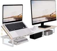 Aothia Dupla Fa Monitorállvány 108 cm, Állítható Magasságú Laptoptartóval, Asztali Rendszerező PC/Laptop/TV/Nyomtató, Fehér-Tölgy 1