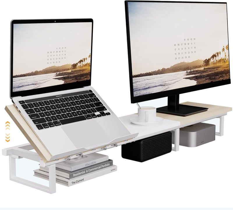 Aothia Dupla Fa Monitorállvány 108 cm, Állítható Magasságú Laptoptartóval, Asztali Rendszerező PC/Laptop/TV/Nyomtató, Fehér-Tölgy