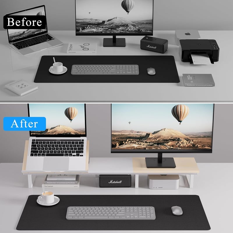Aothia Dupla Fa Monitorállvány 108 cm, Állítható Magasságú Laptoptartóval, Asztali Rendszerező PC/Laptop/TV/Nyomtató, Fehér-Tölgy