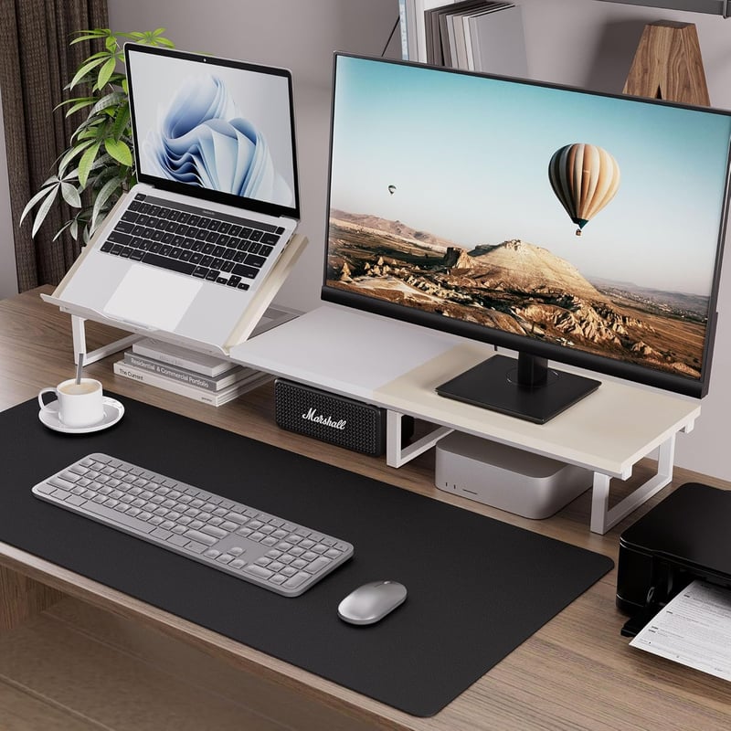 Aothia Dupla Fa Monitorállvány 108 cm, Állítható Magasságú Laptoptartóval, Asztali Rendszerező PC/Laptop/TV/Nyomtató, Fehér-Tölgy