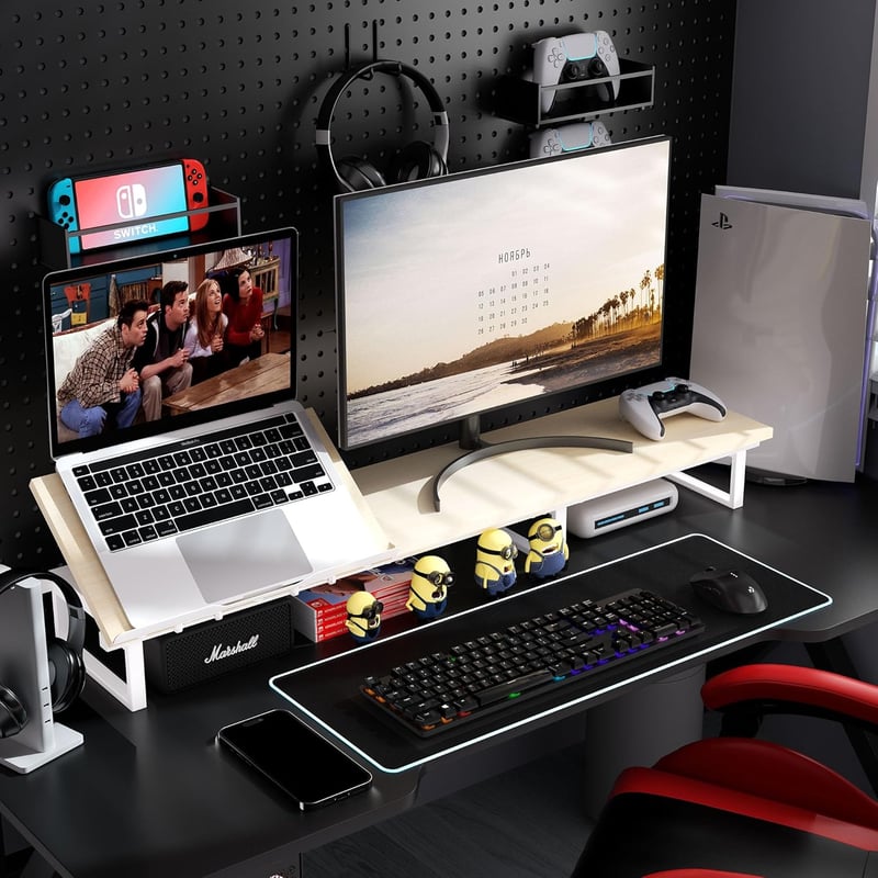 Aothia Dupla Fa Monitorállvány 108 cm, Állítható Magasságú Laptoptartóval, Asztali Rendszerező PC/Laptop/TV/Nyomtató, Fehér-Tölgy