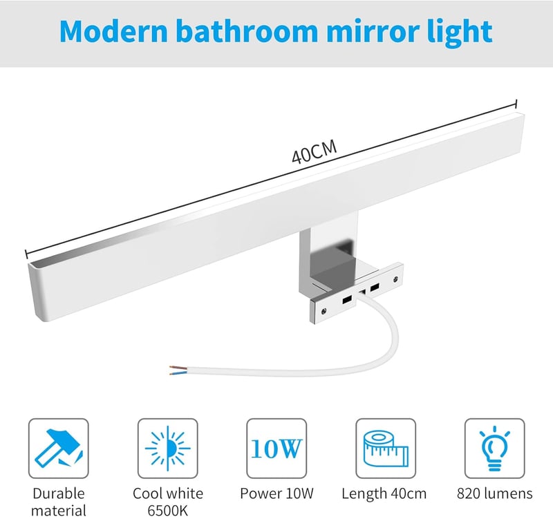 Aourow LED Fürdőszobai Tükörlámpa 40 cm - 10W 820lm Hideg Fehér Világítás IP44 Vízálló Alumínium Fali Lámpa Tükörszekrényhez