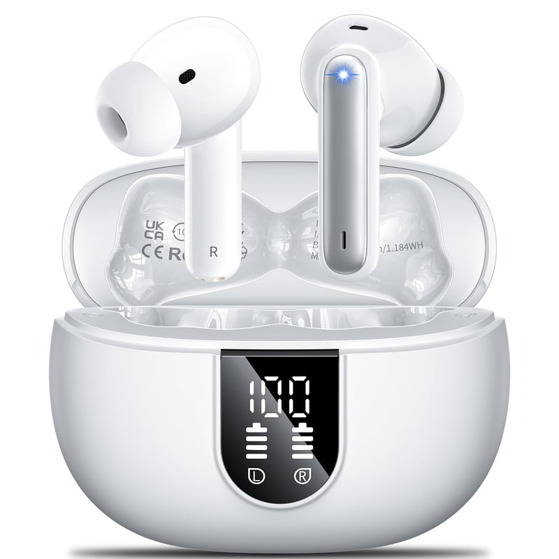 Bezdrôtové slúchadlá AOVOCE Bluetooth 5.3 biele, 4 mikrofóny s potlačením hluku ENC, HiFi stereo, LED displej, 42-hodinová výdrž batérie, dotykové ovládanie, IP6