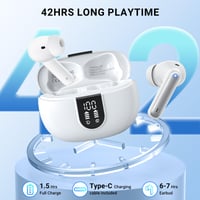 Bezdrôtové slúchadlá AOVOCE Bluetooth 5.3 biele, 4 mikrofóny s potlačením hluku ENC, HiFi stereo, LED displej, 42-hodinová výdrž batérie, dotykové ovládanie, IP6 5